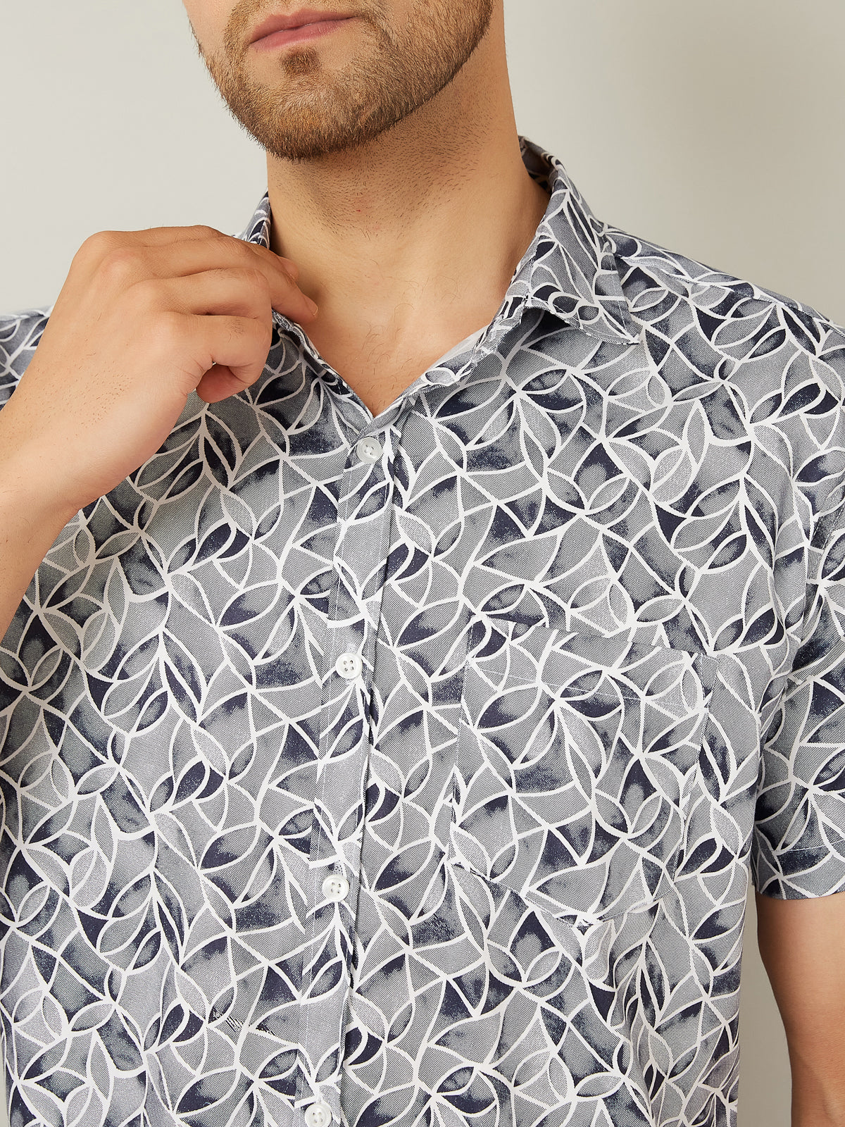 Louis Monarch Men Regular Fit White Leaf Printed Spread Collar Casual Half Shirt